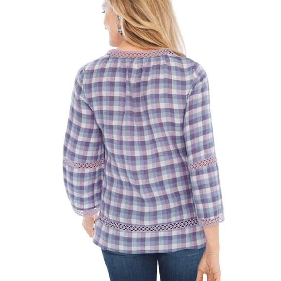 Chico's Crochet Detail Gingham Linen Popover Tunic Top Size S - Picture 5 of 8